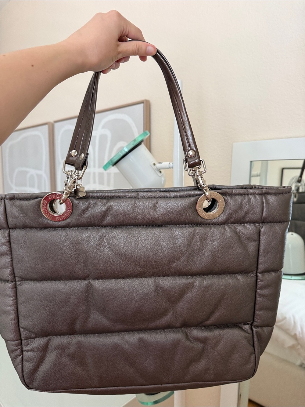 Quilted Shoulder Tote in Dark Brown with Silver Hardware